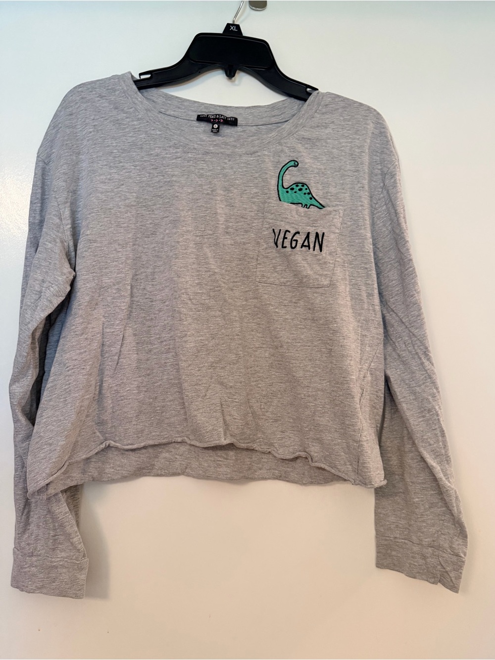 Long sleeve grey crop top, embroidered dinosaur, women’s size large